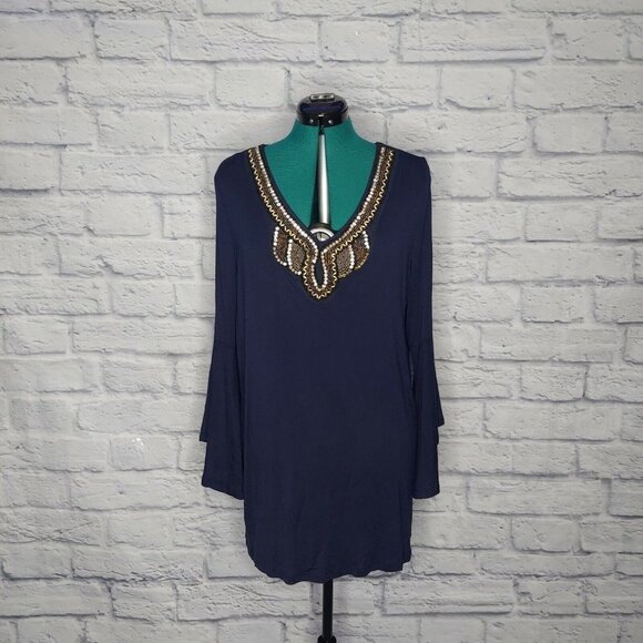 Roaman's Tops - ROAMANS Womens Navy Blue Beaded Neck Bell Slerve Tunic Sz 14/16